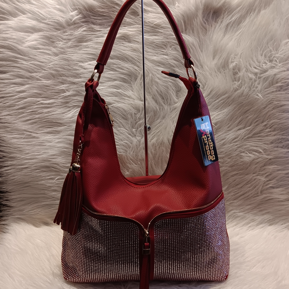 Stylish X- Large Red Rhinestone Hobo Bag with Tassel